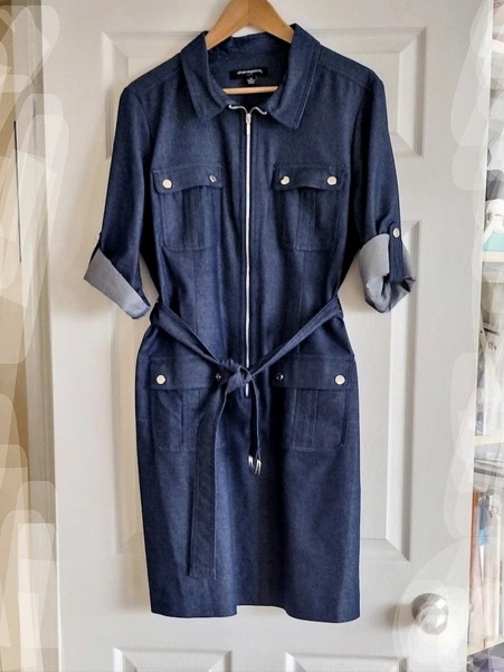 Zip-Front Denim Utility Shirtdress with Belt Size 14 Blue